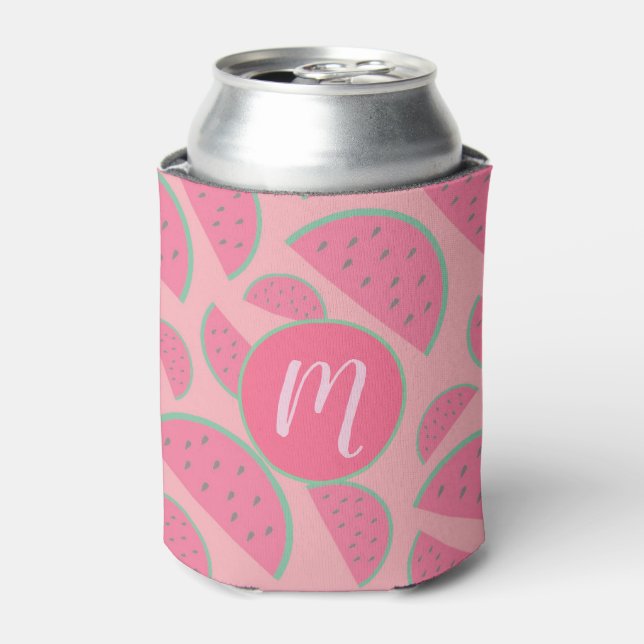 Cute Pink Watermelon Pattern Monogram Can Cooler (Can Front)