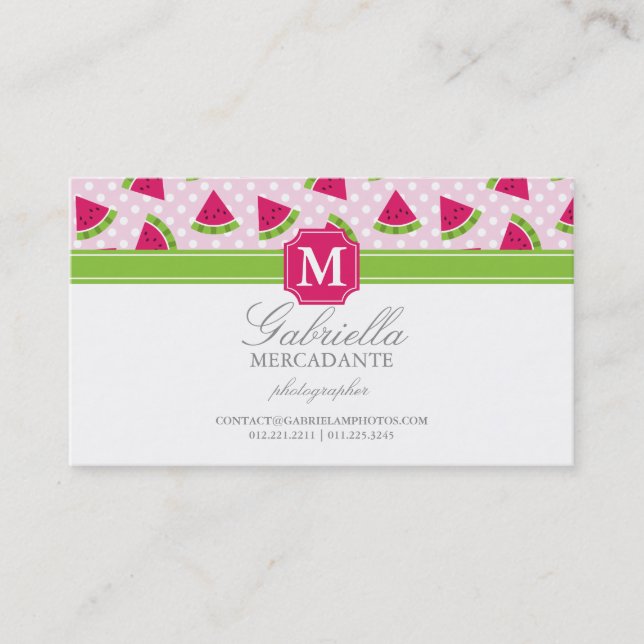 Cute Pink Watermelon Polka Dots Chevron Monogram Business Card (Front)