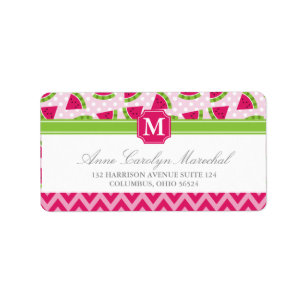 Cute Pink Watermelon Polka Dots Chevron Monogram Label