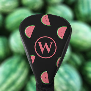 Cute Pink Watermelon Slice Pattern Monogram Black Golf Head Cover