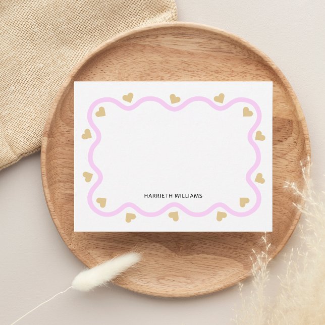 Cute Pink Wave Border and Gold Heart Card (Creator Uploaded)
