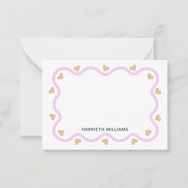 Cute Pink Wave Border and Gold Heart Card (Front)