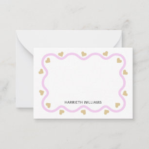 Cute Pink Wave Border and Gold Heart Card
