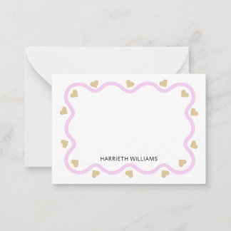 Cute Pink Wave Border and Gold Heart Card
