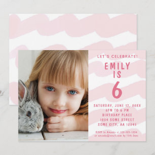 Cute Pink Wave Watercolor Girl Photo Birthday Invitation
