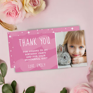 Cute Pink Wave Watercolor Star Girl Photo Thank You Card