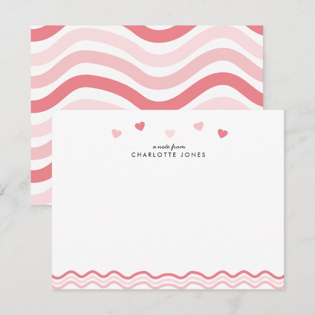 Cute Pink Wavy Pattern Hearts Kids Stationery Card (Front/Back)