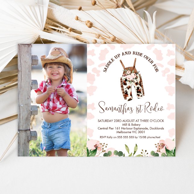 Cute Pink Western First Rodeo 1st Birthday Invitation (First Rodeo 1st Birthday Invitation Baby Girls, Pink Western First Rodeo Birthday Invitation Photo)