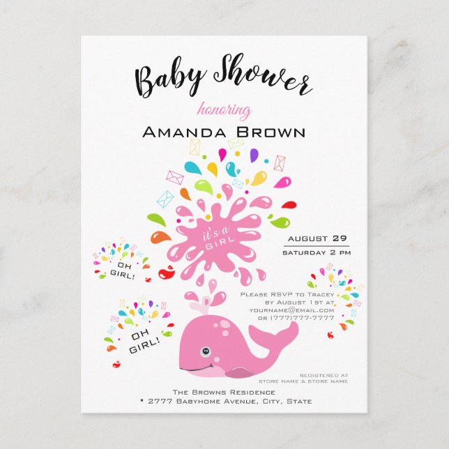 Cute Pink Whale Colourful Girl Baby Shower Invitation Postcard (Front)