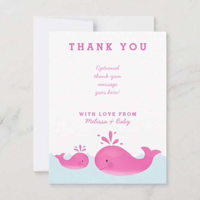 Cute Pink Whale Girl Baby Shower Thank You Cards (Front)