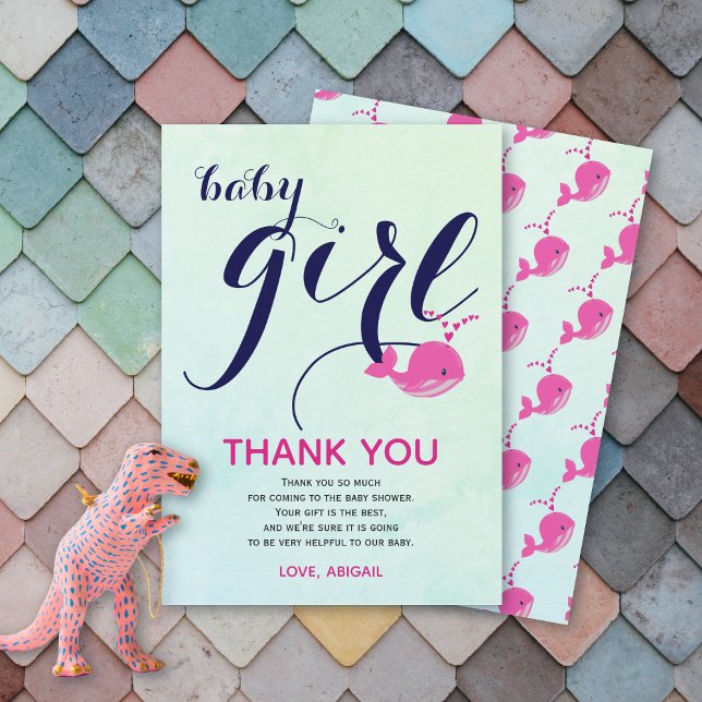 Cute pink whale ocean Baby Girl Shower Thank You Card (Creator Uploaded)