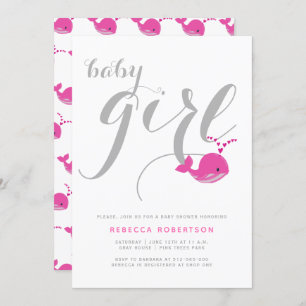 Cute pink whale typography baby girl shower invitation