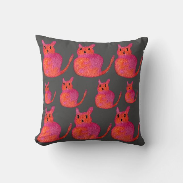 Cute pink whimsical cat watercolor illustration cushion (Front)