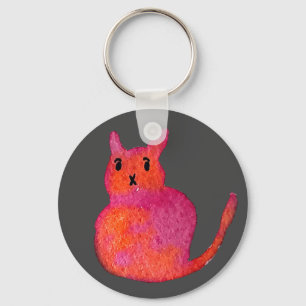 Cute pink whimsical cat watercolor illustration key ring