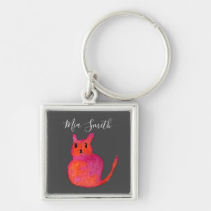 Cute pink whimsical cat watercolor illustration key ring