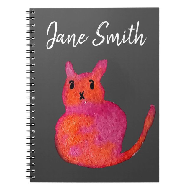Cute pink whimsical cat watercolor illustration notebook (Front)