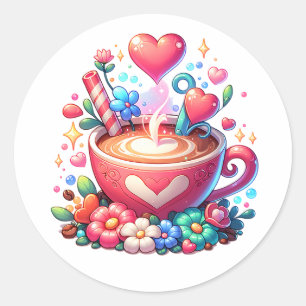 Cute Pink Whimsical Coffee & Hearts Classic Round Sticker