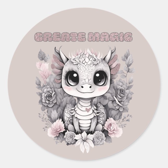 Cute Pink Whimsical "Create Magic" Little Dragon  Classic Round Sticker (Front)
