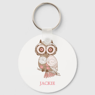 Cute Pink Whimsical Owl Personalised Key Ring