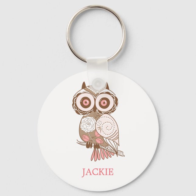 Cute Pink Whimsical Owl Personalised Key Ring (Front)