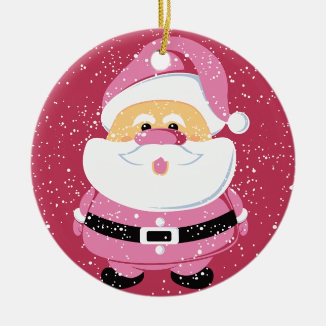 Cute pink whimsical Santa Claus Christmas holiday Ceramic Tree Decoration (Front)