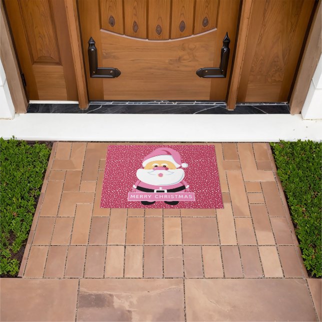 Cute pink whimsical Santa Claus Christmas holiday Doormat (Outdoor)