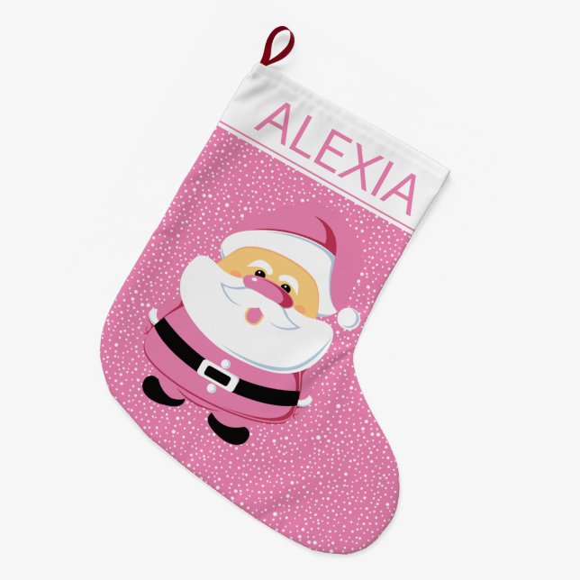 Cute pink whimsical Santa Claus Christmas holiday Large Christmas Stocking (Front (Hanging))