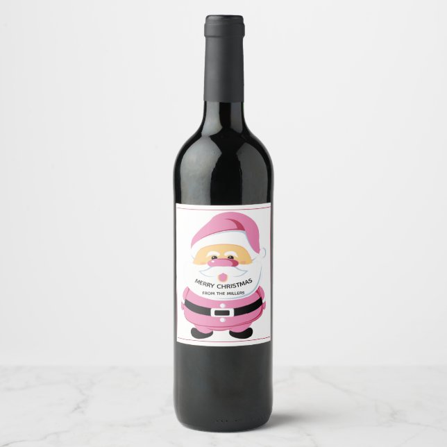 Cute pink whimsical Santa Claus Christmas holiday Wine Label (Front)