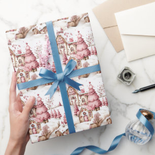 Cute Pink Whimsical Snowy Christmas Village Wrapping Paper