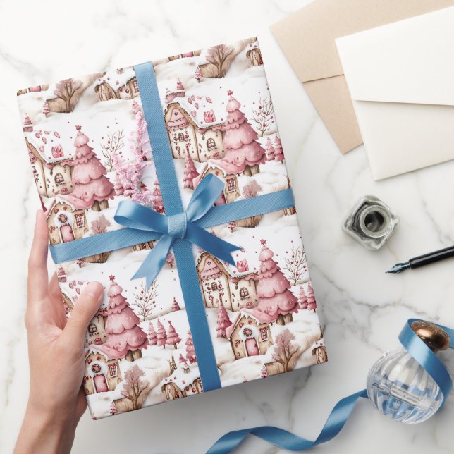Cute Pink Whimsical Snowy Christmas Village Wrapping Paper (Gifting)