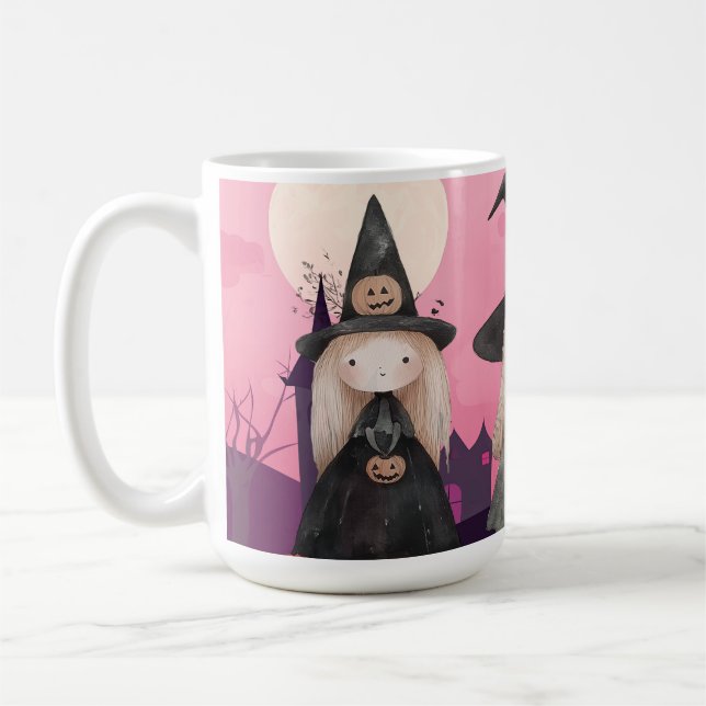 Cute Pink Whimsical Witches Halloween Personalised Coffee Mug (Left)