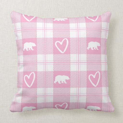Image of Cute Pink & White Bear and Heart Flannel Plaid Cushion