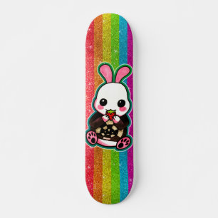 Cute Pink & White Bunny Rabbit Rainbow Glitter Skateboard