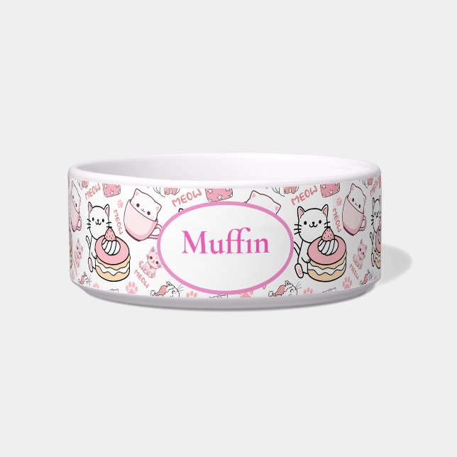 Cute Pink & White Cat Print Personalised Cat Bowl (Front)