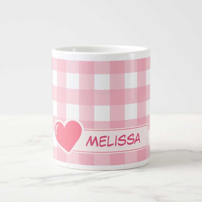 Cute Pink & White Check Personalised Jumbo Mug (Front)