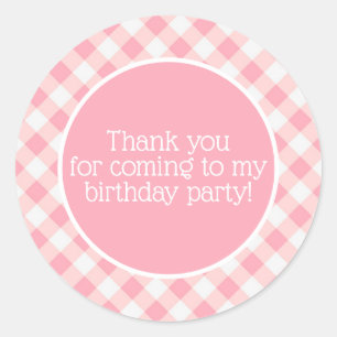 Cute Pink White Chequered Gingham Birthday Thank  Classic Round Sticker