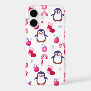 Cute Pink & White Christmas Pattern with Penguins