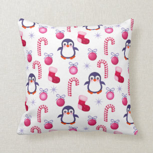 Cute Pink & White Christmas Pattern with Penguins Cushion