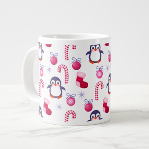 Cute Pink & White Christmas Pattern with Penguins Large Coffee Mug