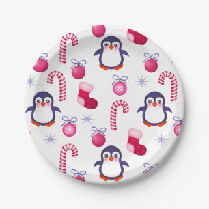 Cute Pink & White Christmas Pattern with Penguins Paper Plate