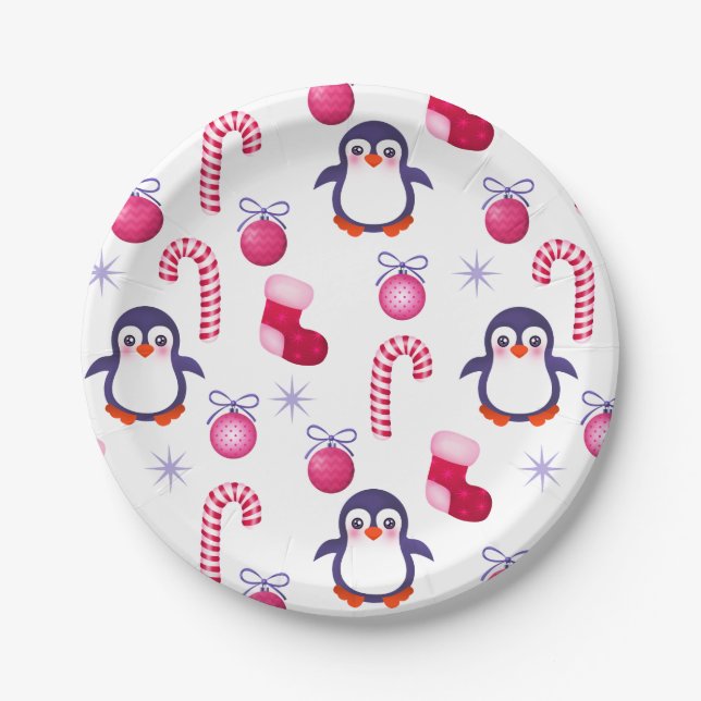 Cute Pink & White Christmas Pattern with Penguins Paper Plate (Front)