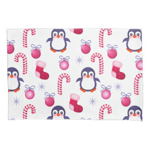 Cute Pink & White Christmas Pattern with Penguins Pillowcase