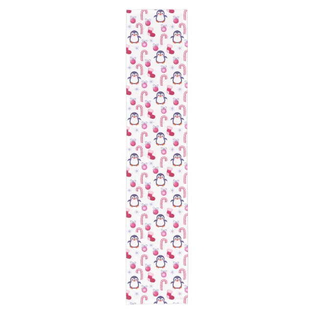 Cute Pink & White Christmas Pattern with Penguins Short Table Runner (Front)