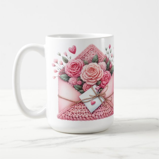 CUTE PINK & WHITE CROCHET LOOK ENVELOPES COFFEE MUG (Left)