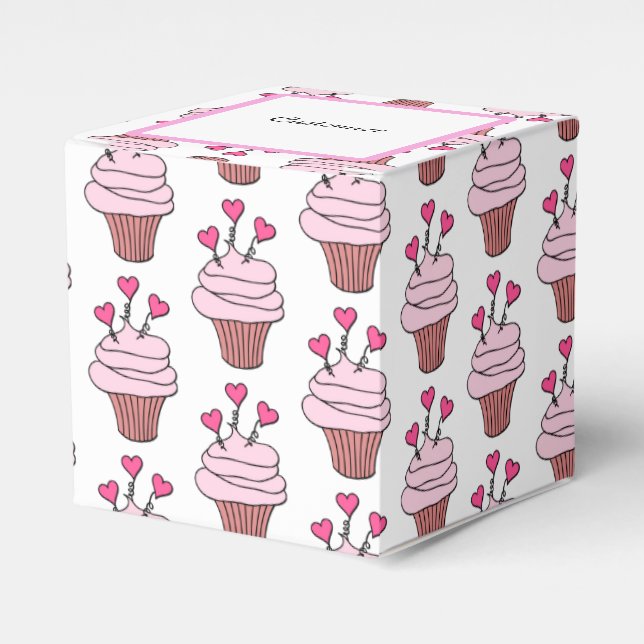Cute Pink & White Cupcakes Cube 2 Favour Box (Front Side)