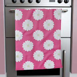 Cute Pink White Daisy Flower Pattern Kitchen Towel