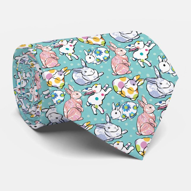 Cute Pink White Easter Bunny on Turquoise Pattern Tie (Rolled)