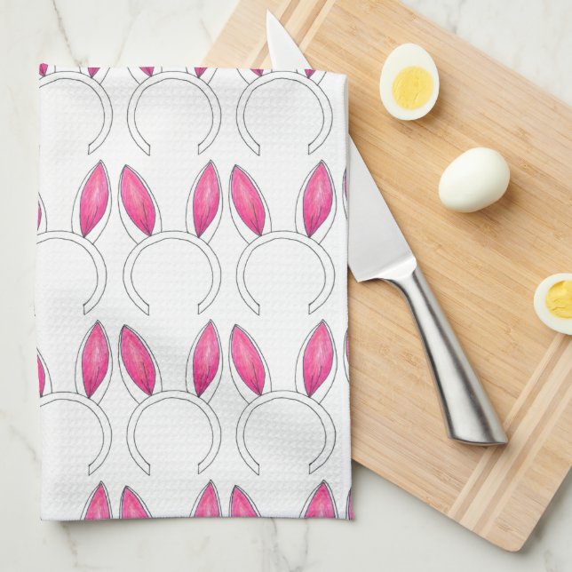 Cute Pink White Easter Bunny Rabbit Ears Spring Tea Towel (Quarter Fold)