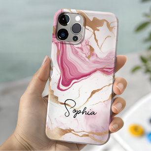 Cute pink white faux glitter marble art monogram Case-Mate iPhone 14 case