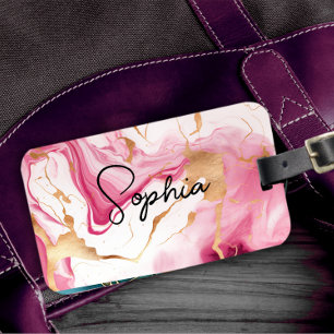 Cute pink white faux glitter marble art monogram luggage tag